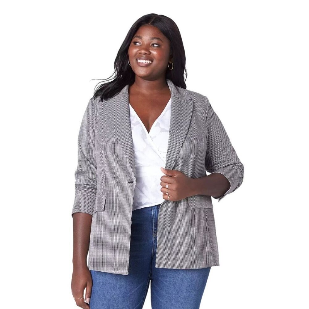Lane Bryant Perfect Drape One Button Blazer Black White Gingham Women Size 24